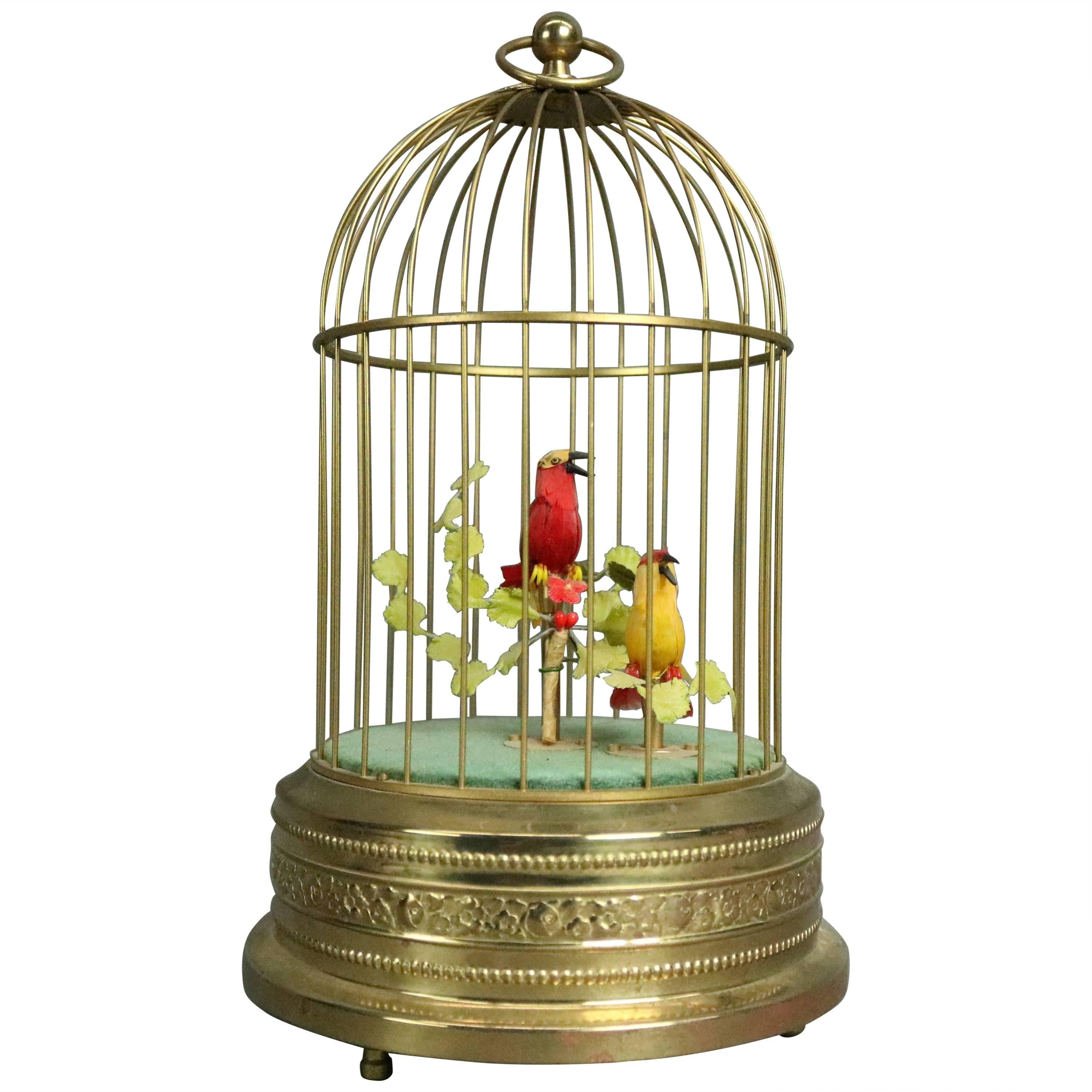 Vintage West German Music Box, Brass Bird Cage with Animated Singing Birds  at 1stDibs