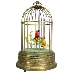 Vintage West German Music Box, Brass Bird Cage with Animated Singing Birds