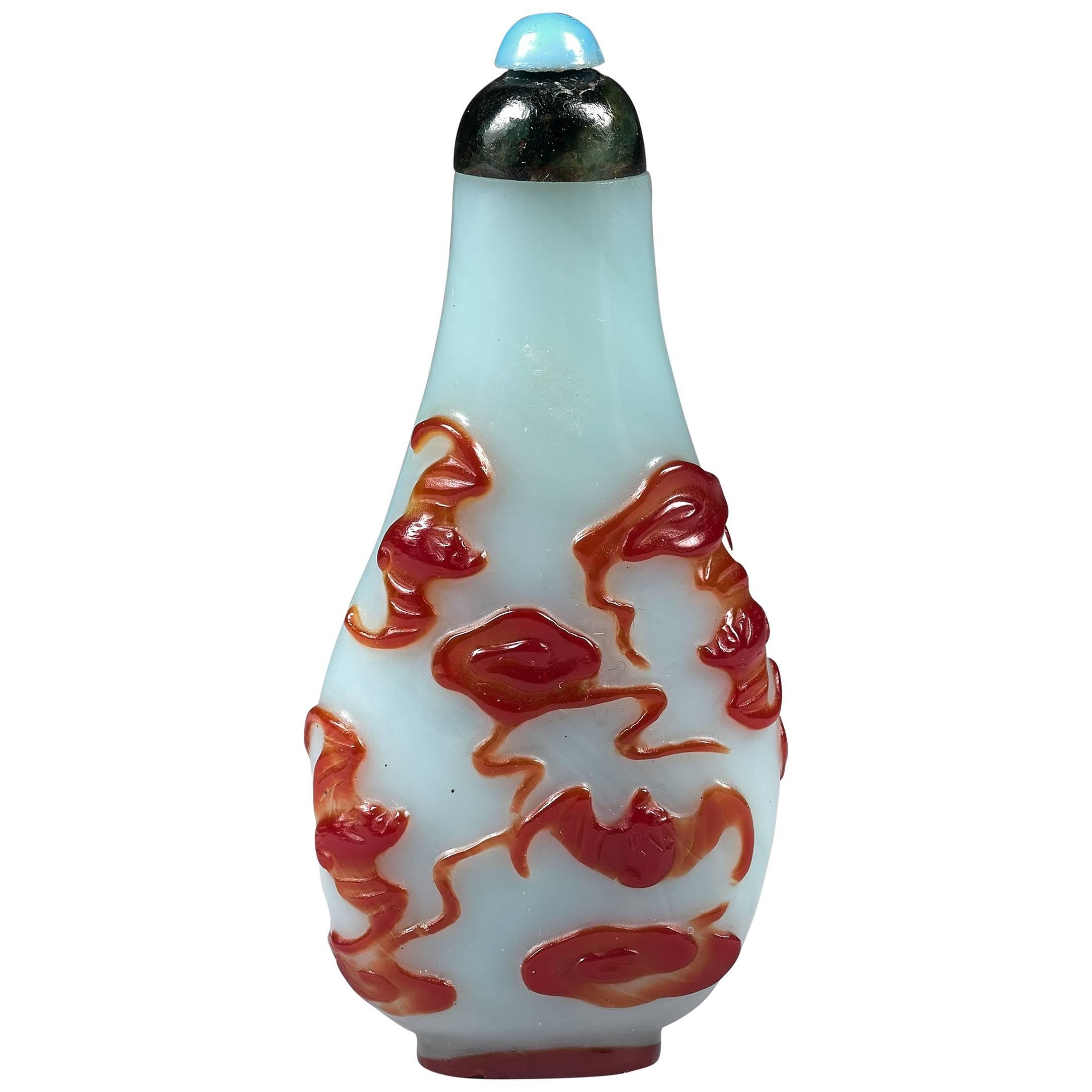 19th Century Chinese Overlay Glass Snuffbottle with Bats Among Clouds For Sale