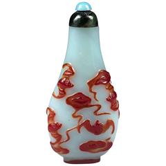 19th Century Chinese Overlay Glass Snuffbottle with Bats Among Clouds