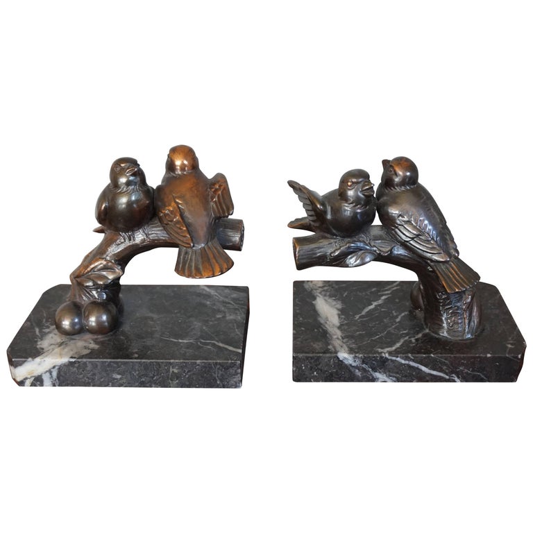 Early 20th Century Art Deco Sparrow Bookends Signed 'Balles' with Marble Base For Sale