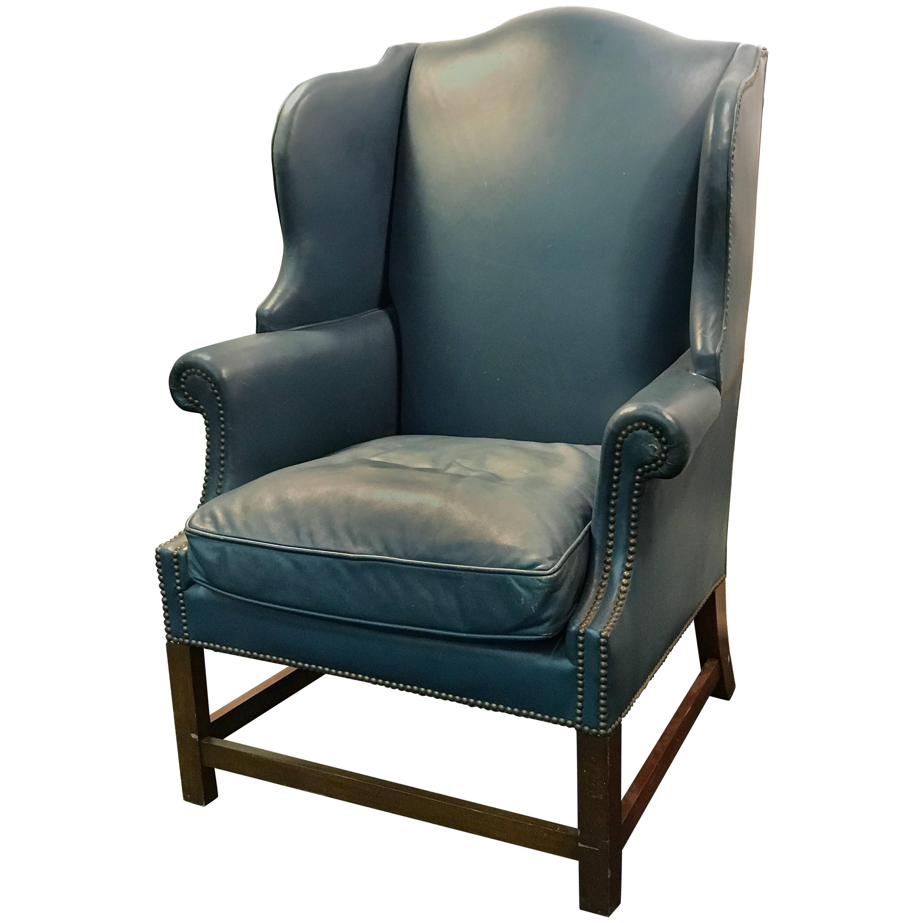 Wonderful Wingback Chair with Beautiful Blue Original Leather Upholstery For Sale