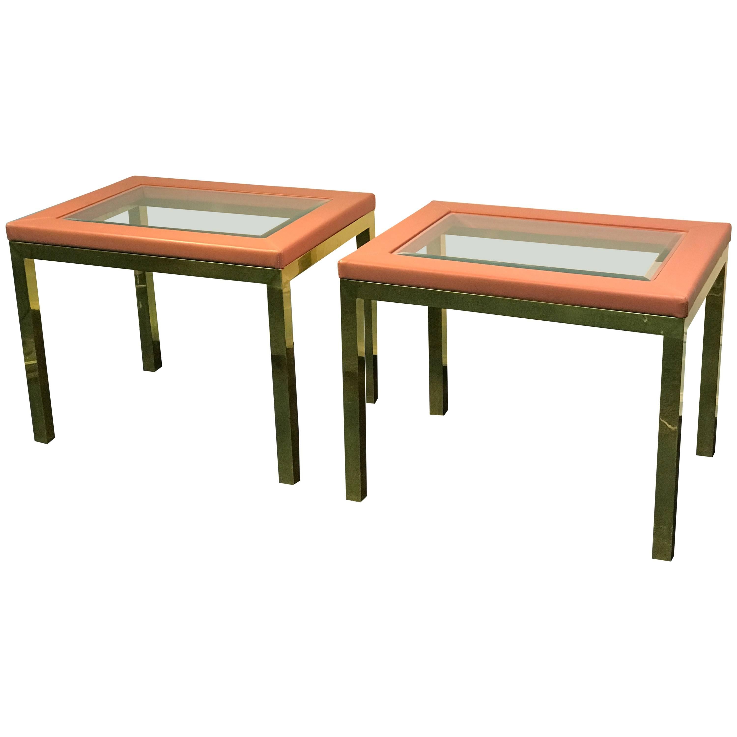Pair of Brass Side Tables with Framed Pink Leather Top in the Manner of Springer For Sale