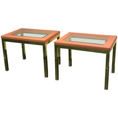 Pair of Brass Side Tables with Framed Pink Leather Top in the Manner of Springer
