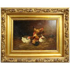 Antique Oil on Canvas Painting of Rooster with Nesting Hens, Gilt Frame