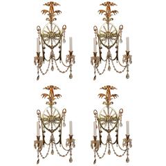 Beautiful Neoclassical Set Four French Bronze Crystal Caldwell Starburst Sconces