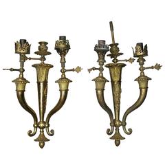 Pair of Antique French Neoclassical Style Brass 3-Light Gas Wall Sconces, c1870