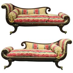 Pr of Antique English Regency Carved Mahogany Upholstered Recamier Settees c1820