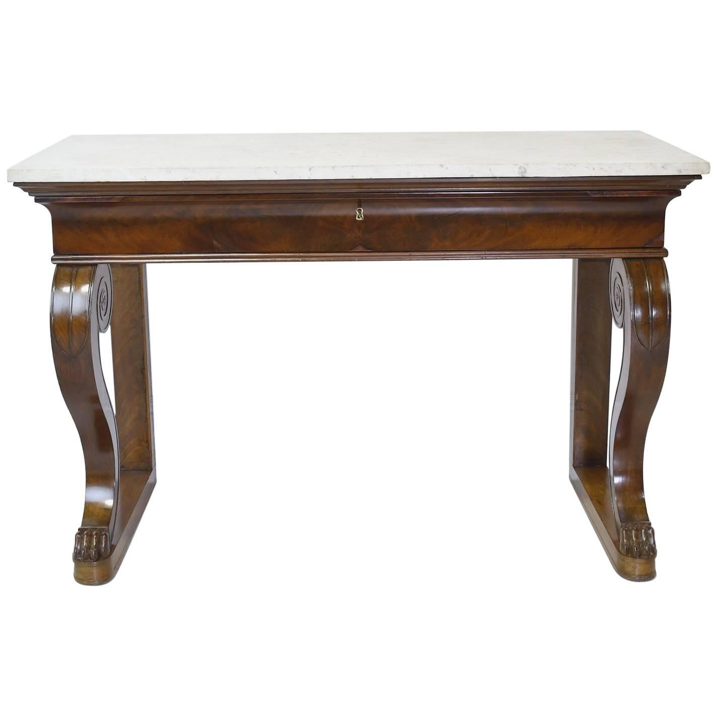 French Empire Console Table in Mahogany w/ White Carrara Marble Top, circa 1800