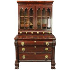 Antique American Empire Carved Flame Mahogany and Bronze Secretary Bookcase