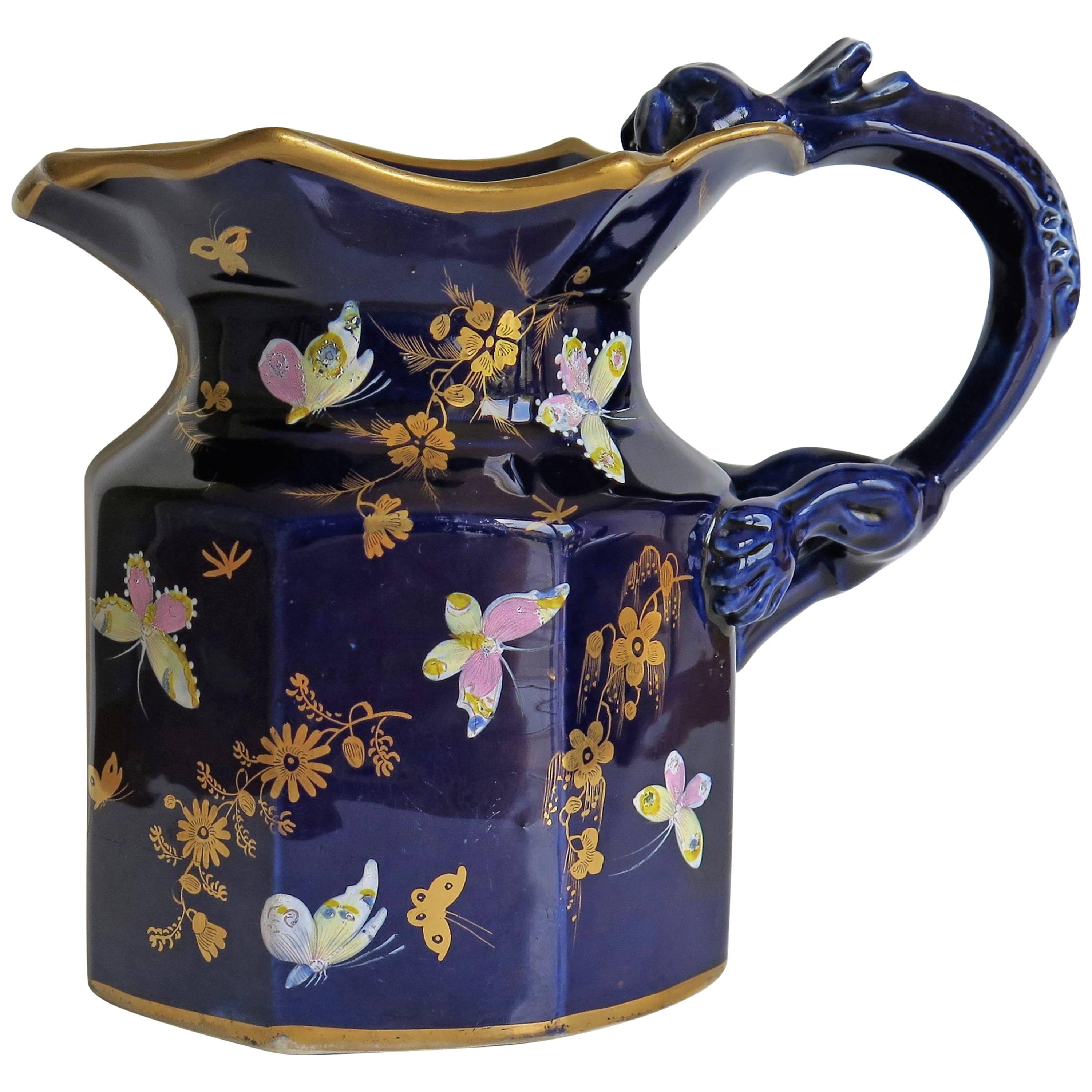 Early Mason's Jug or Pitcher, Ironstone, Hand-Painted Butterflies, circa 1825