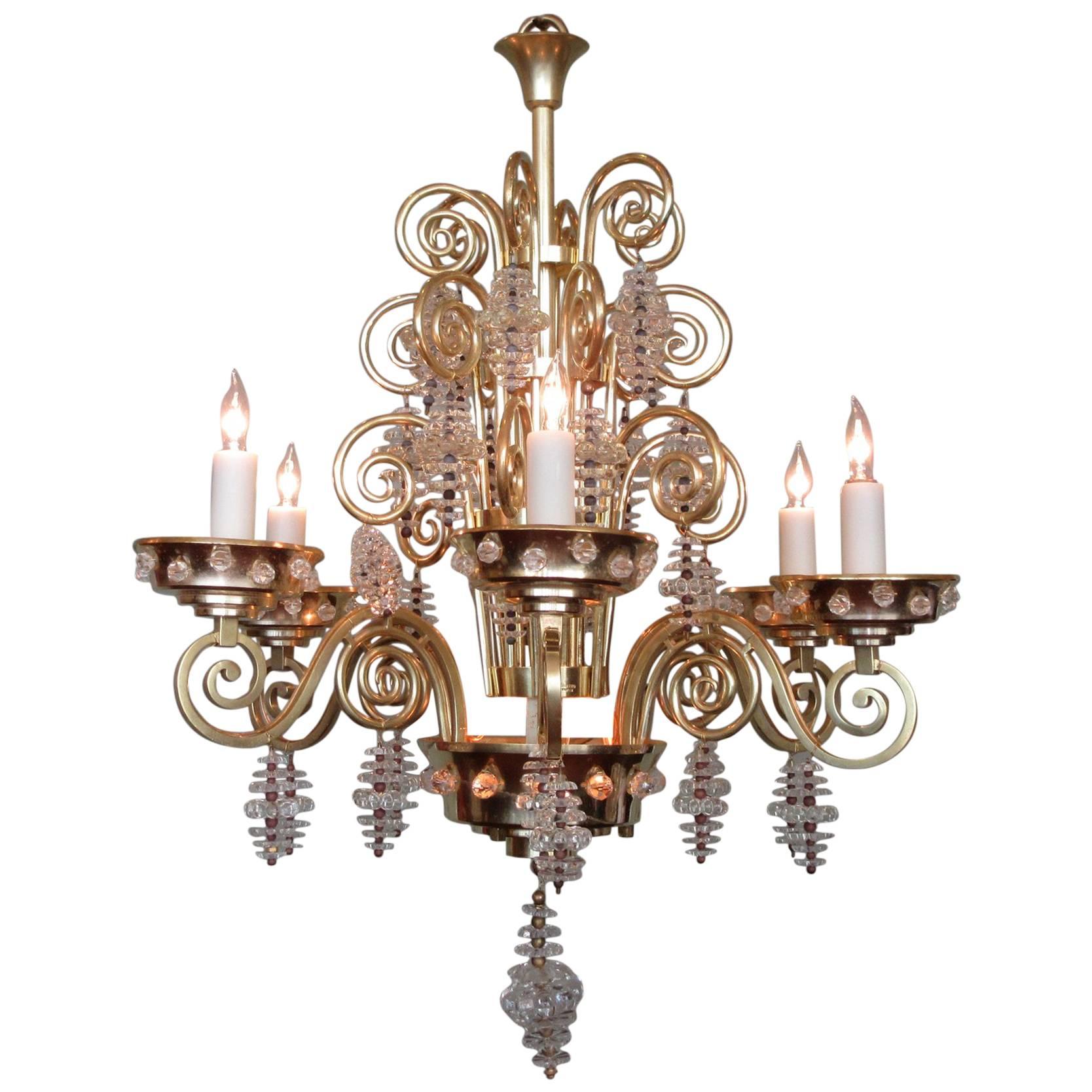 20th Century French Art Deco Bronze and Glass Chandelier by Glass Artist Sabino