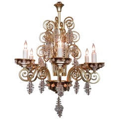 20th Century French Art Deco Bronze and Glass Chandelier by Glass Artist Sabino