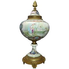 Antique French Sevres Hand-Painted Porcelain and Bronze Urn, Signed Lucot