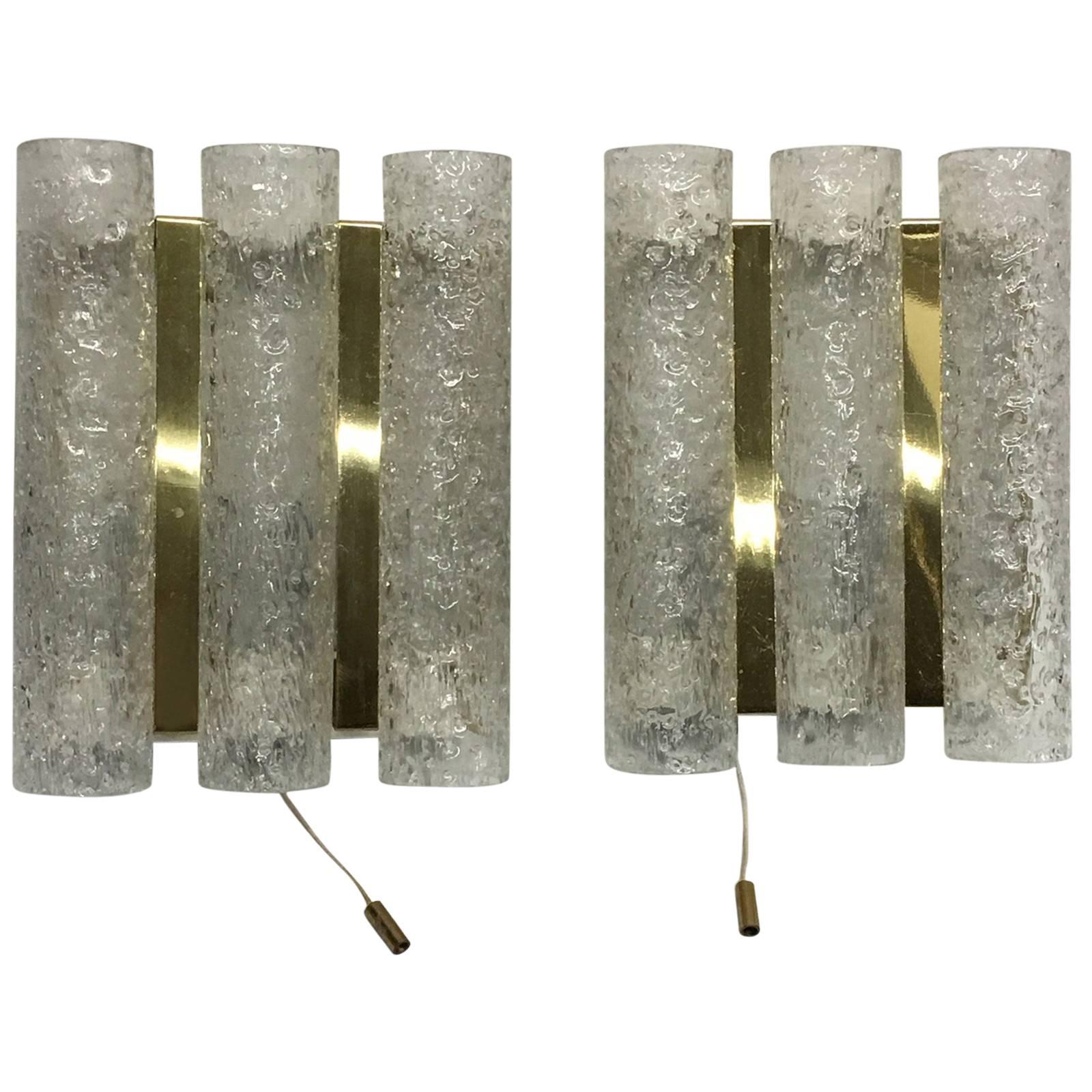 Pair of 1960s German Brass Three Tubes Doria Glass Sconces For Sale