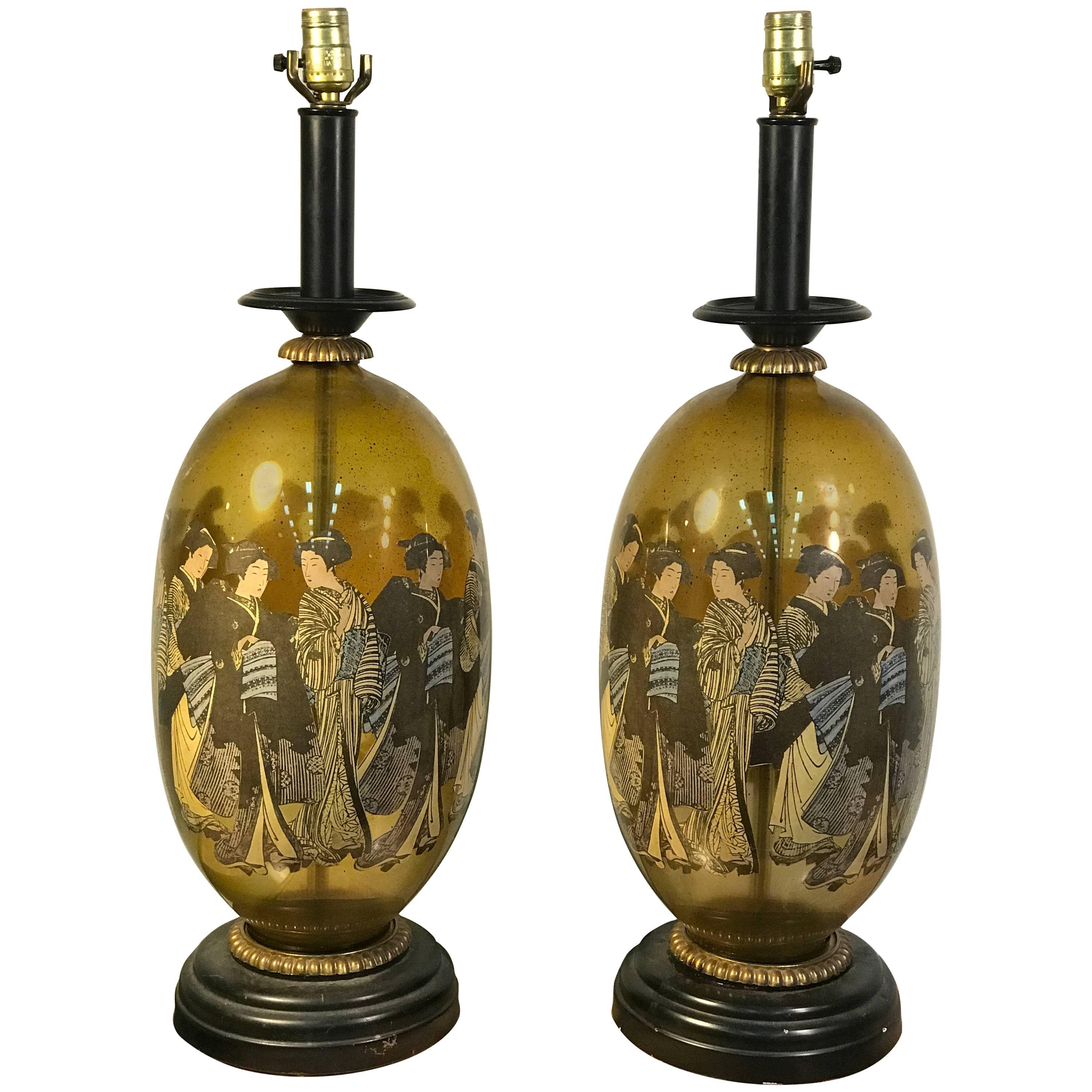 Beautiful Pair of Asian Inspired Table Lamps in the Manner of James Mont For Sale