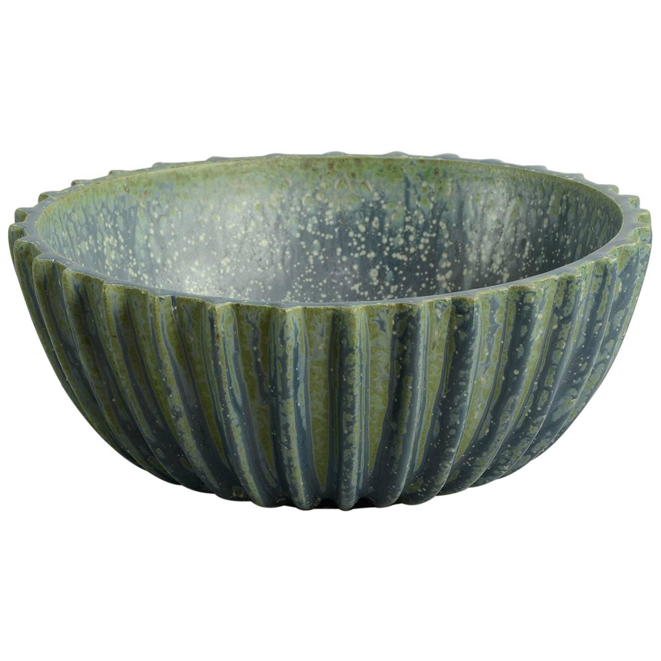 Large Ribbed Bowl with Blue Glaze by Arne Bang, Own Studio, Denmark For Sale