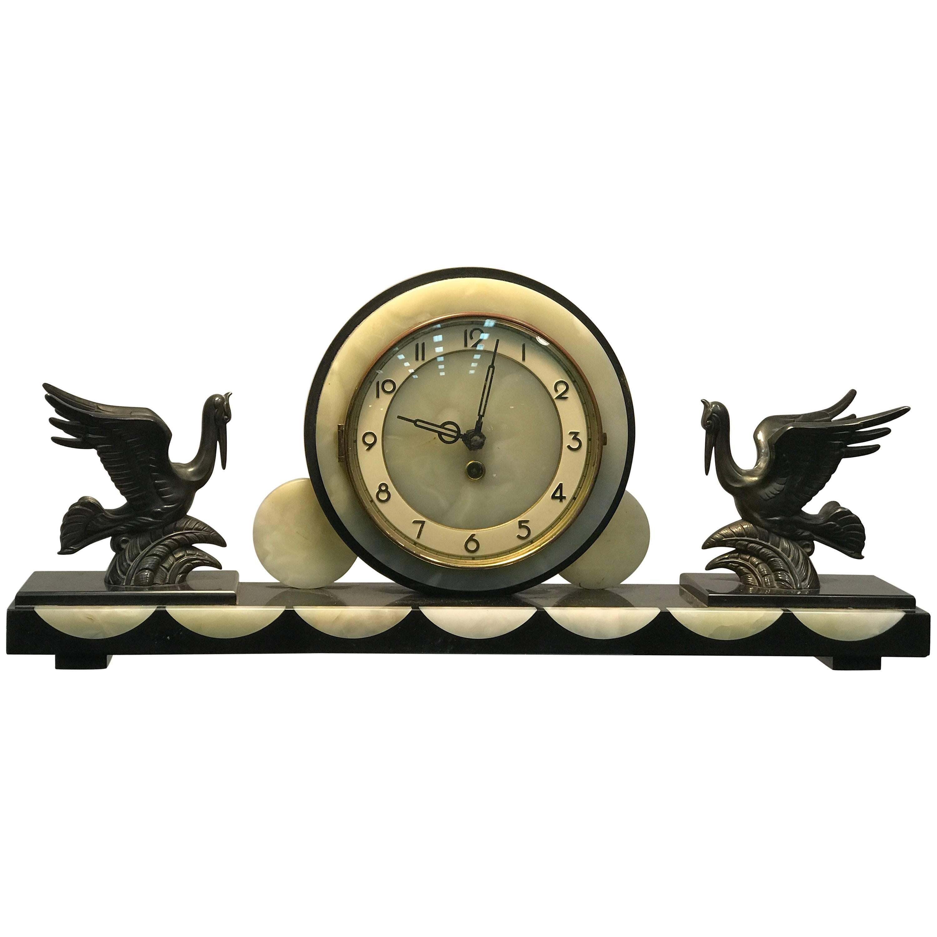 Beautiful French Art Deco Marble and Onyx Mantel Clock with Flying Herons For Sale