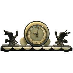 Vintage Beautiful French Art Deco Marble and Onyx Mantel Clock with Flying Herons