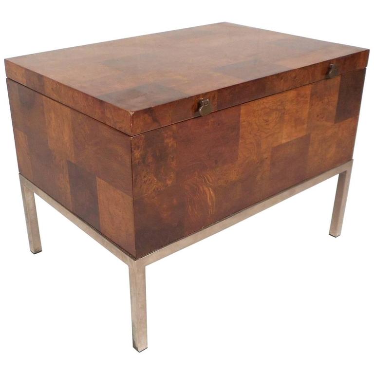 MidCentury Modern Burl Storage Box with Chrome Base by Lane Furniture
