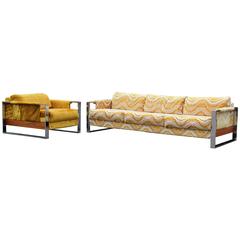 Milo Baughman Flat Bar Chrome & Wood Sofa Lounge Chair Set Lenor Larsen Fabric
