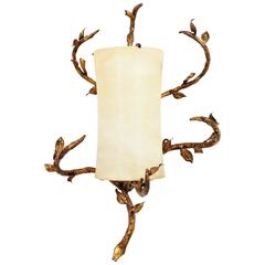 Art Nouveau Gilt Iron and Alabaster Ornamental Wall Light Sconce, Spain 1940s