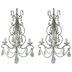 French Silver Crystal Beaded Mirrored Sconces, Pair