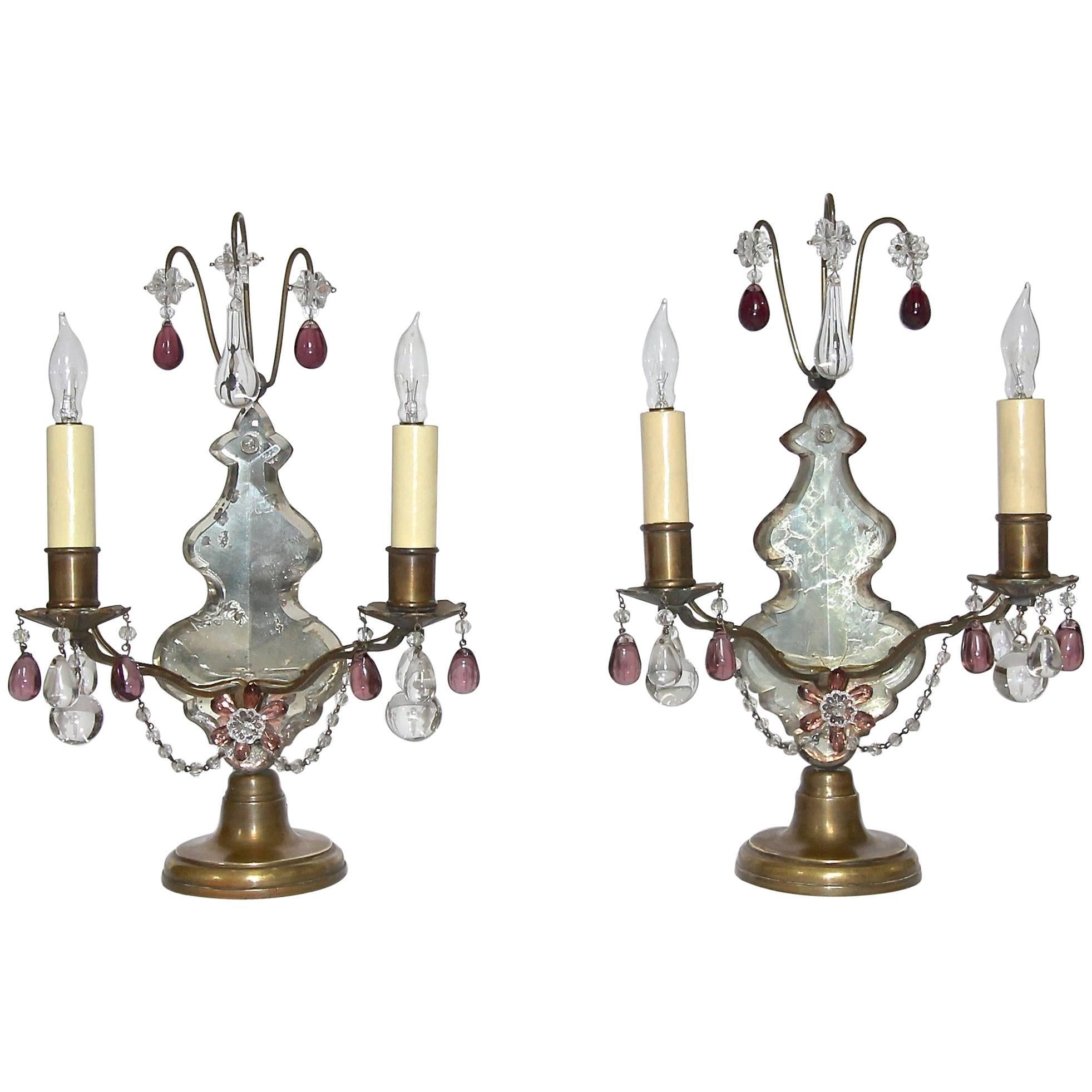 Pair of French Louis XV Style Bronze and Crystal Girandoles Mantle Lamps