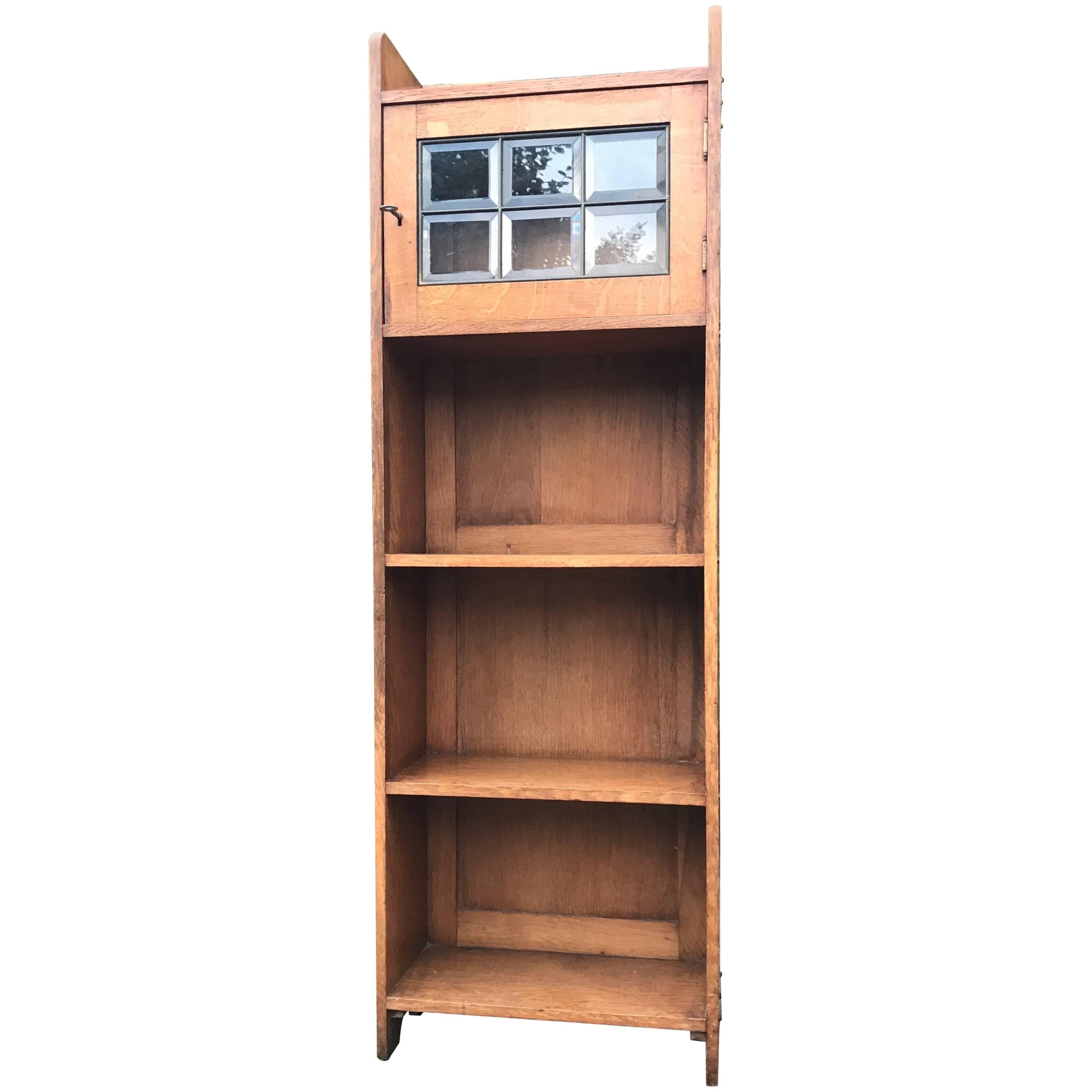 Practical Size Solid Oak Arts and Crafts Antique Bookcase with Beveled Glass For Sale