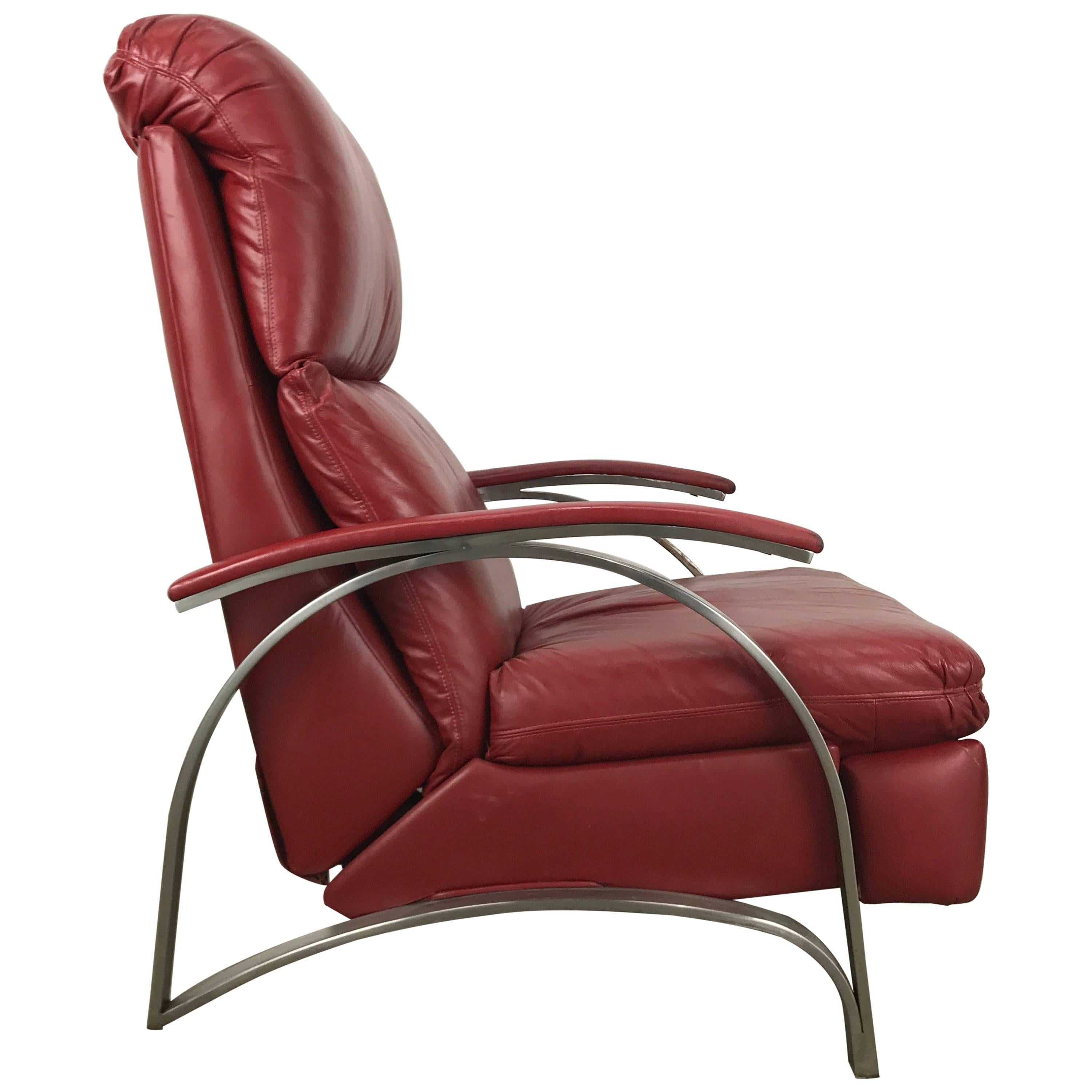 Contemporary Red Leather and Chrome Three Position Reclining Lounge Chair