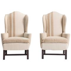 Pair of Cotton Upholstered Wingback Chairs, circa 1950