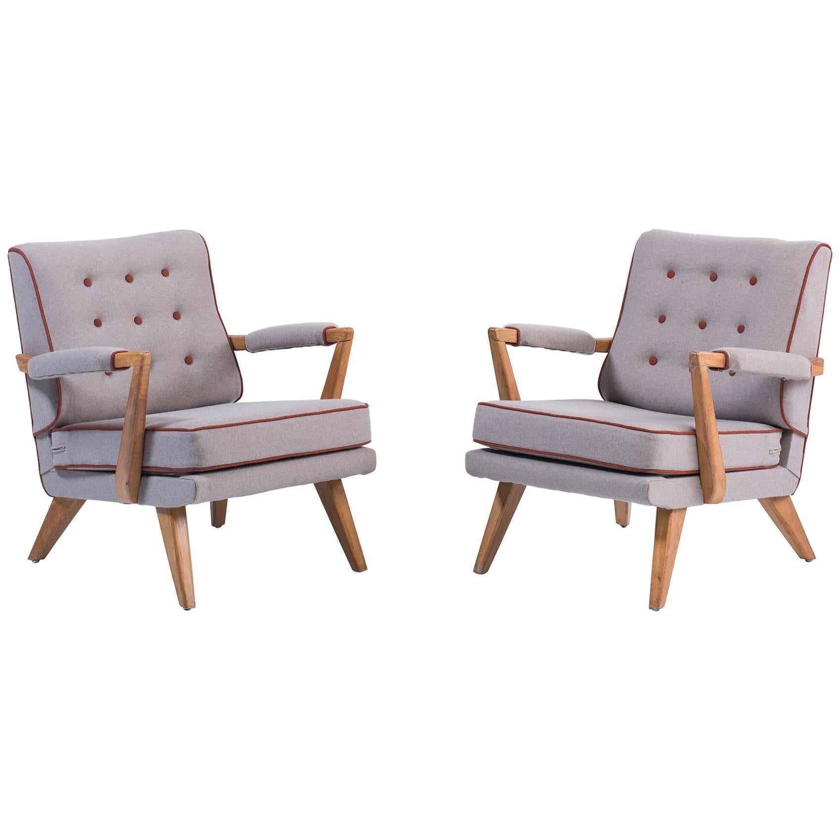 Upholstered Modern Oak Armchairs, circa 1950