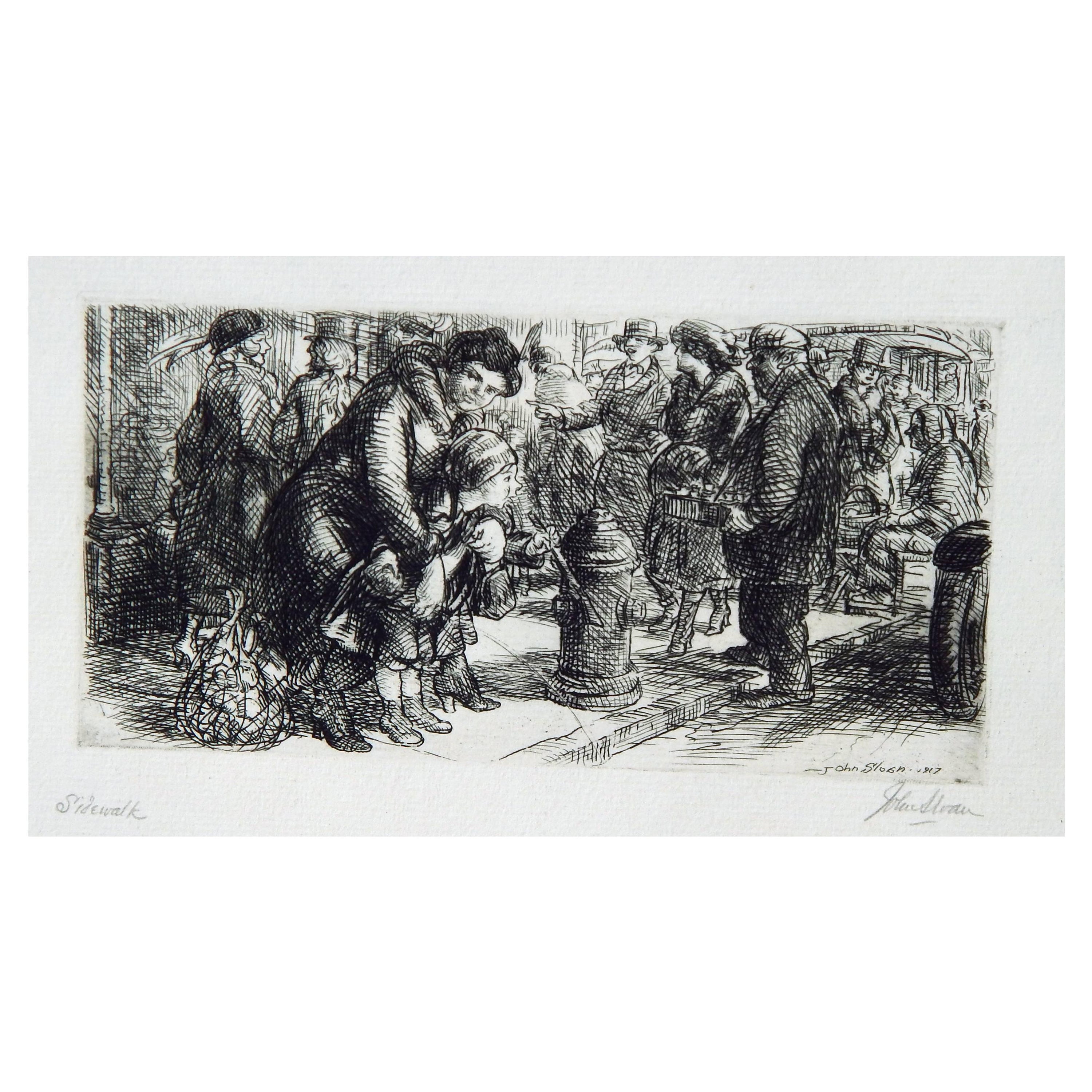 John Sloan Original Etching, 1917, "Sidewalk" For Sale