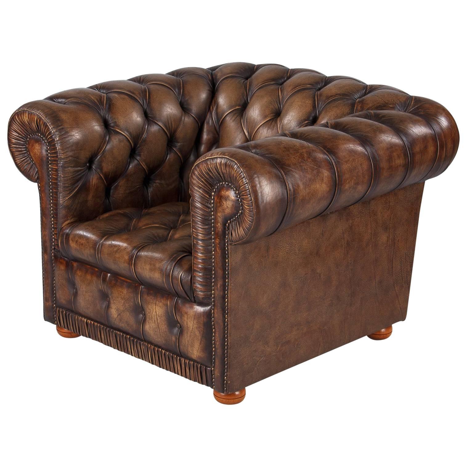 Vintage English Chesterfield Armchair in Brown Leather, 1960s
