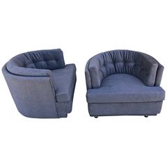 Pair of Grey Tufted Back Barrel Chairs Attributed to Milo Baughman