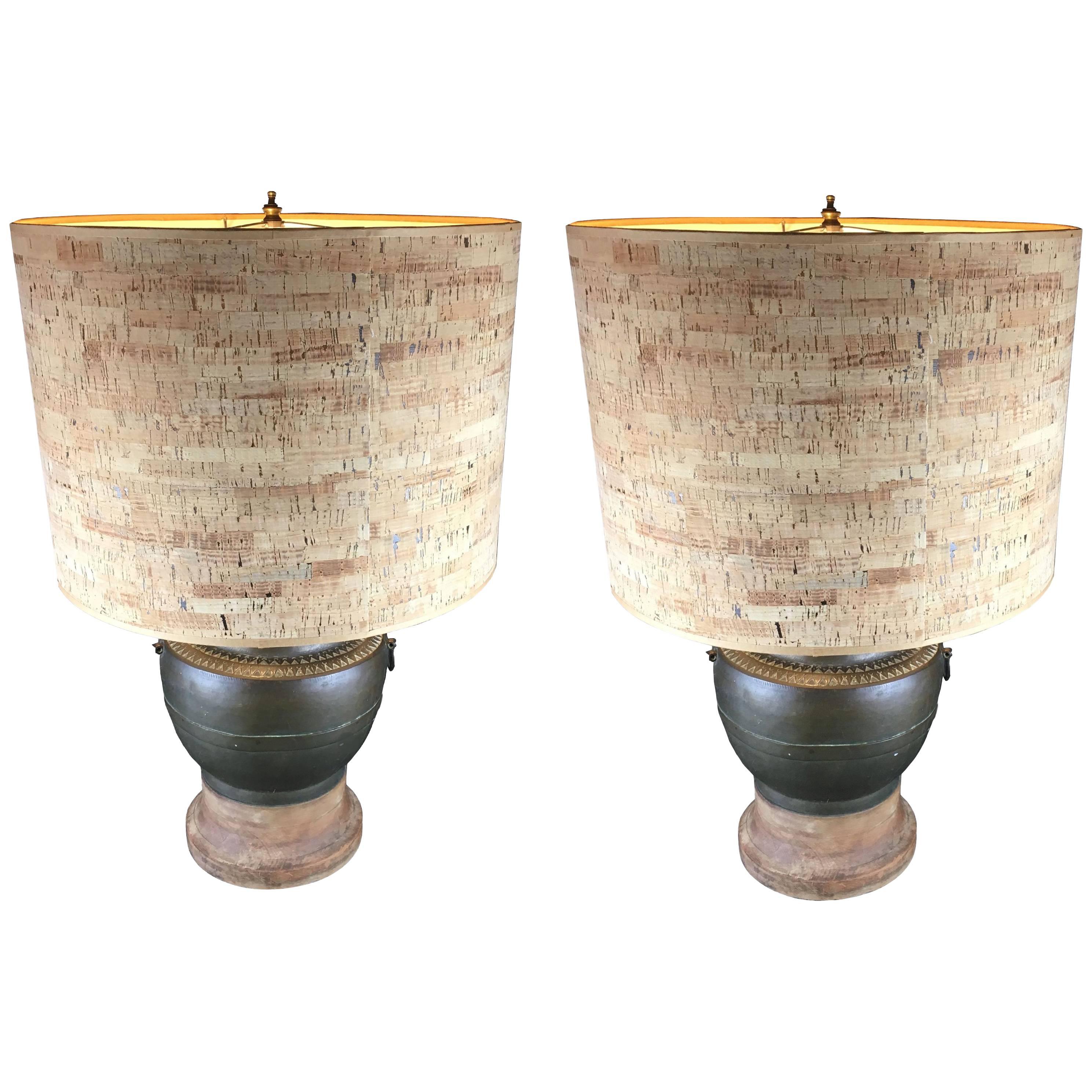 Pair of 1970s Metal Urn Form Table Lamps with Original Cork Shades For Sale