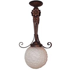 Art Deco Chandlier Copper with Pale Pink Original Floral Glass 4