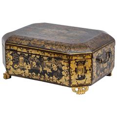 Antique Chinese Export Lacquer Large Box, Canton, circa 1850