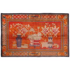 Vintage Red Chinese Rug with Pictorial Design Shabby Chic, 1930s