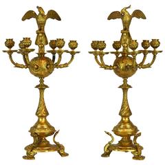 Pair of Rare Napoleon III Empire Style Gilt Bronze Six Arms Parrot Candelabras