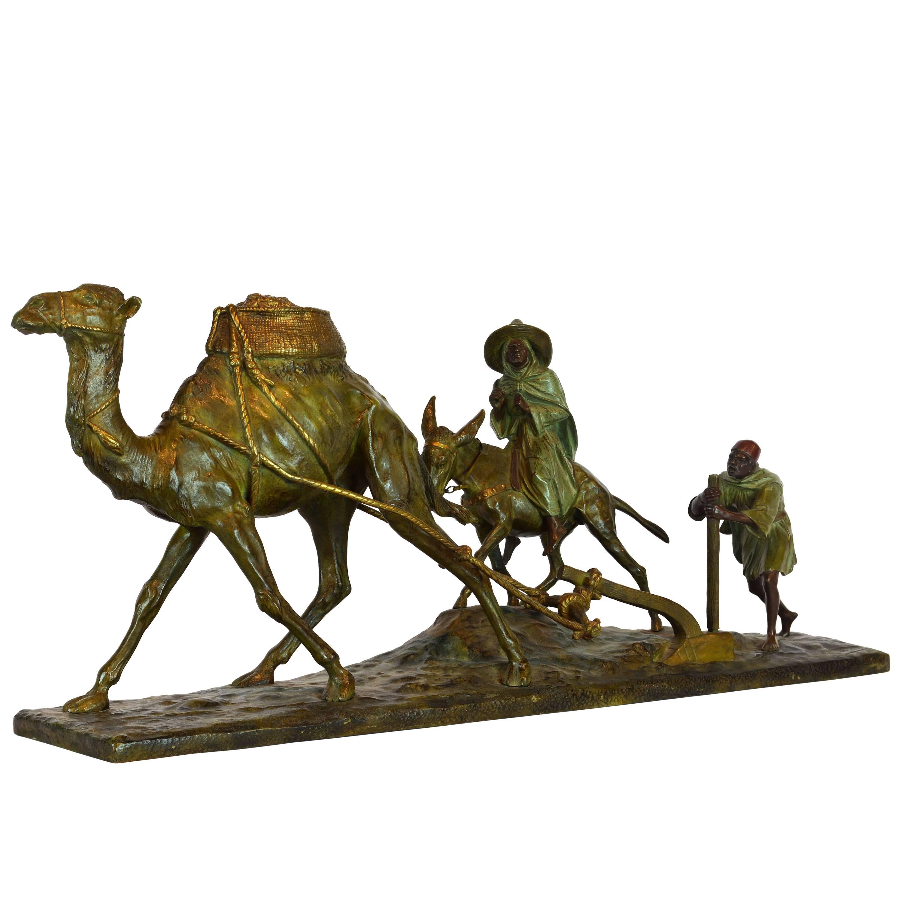 'Paysans Arabes Et Leur Dromadaire' Bronze Group by Edouard Drouot