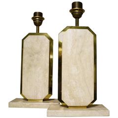 Pair of Italian Travertine and Brass Table Lamps, 1970s