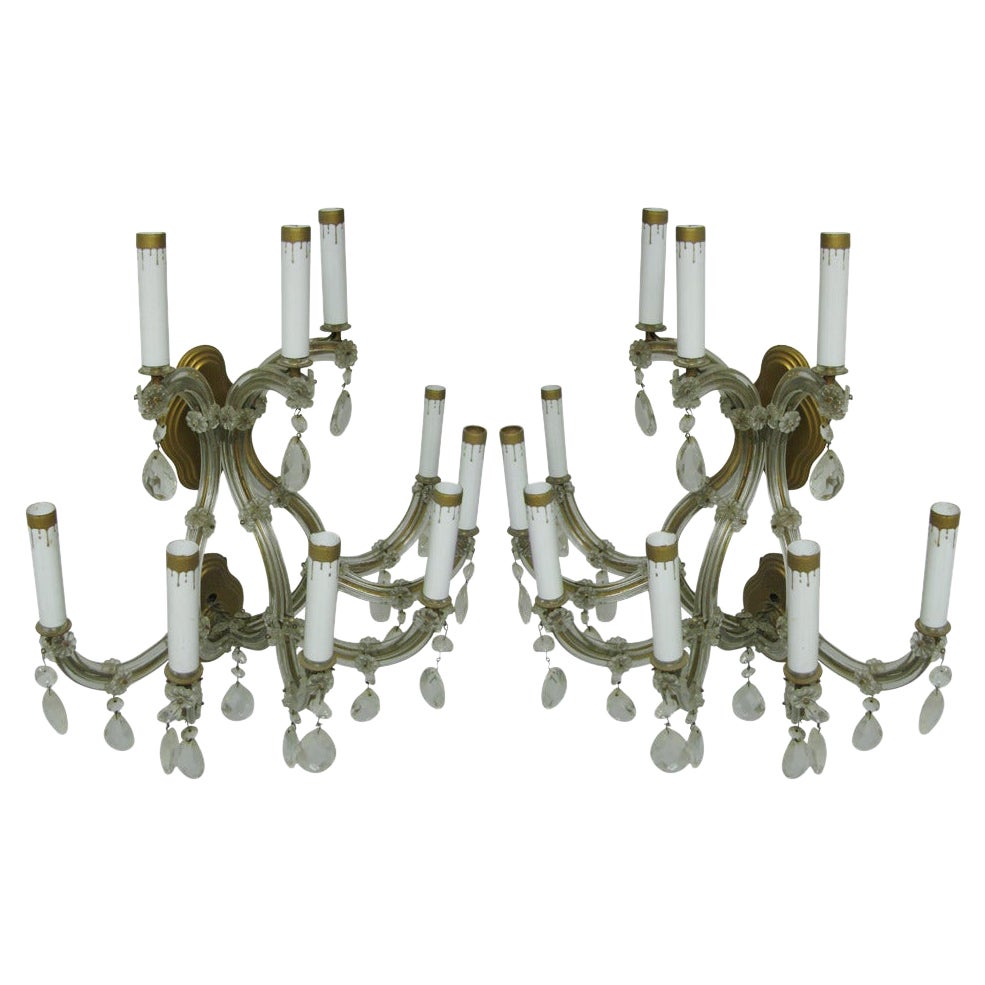 Italian Pair of Large Mid-Century Venetian Glass Nine-Arm Two-Tier Sconces For Sale