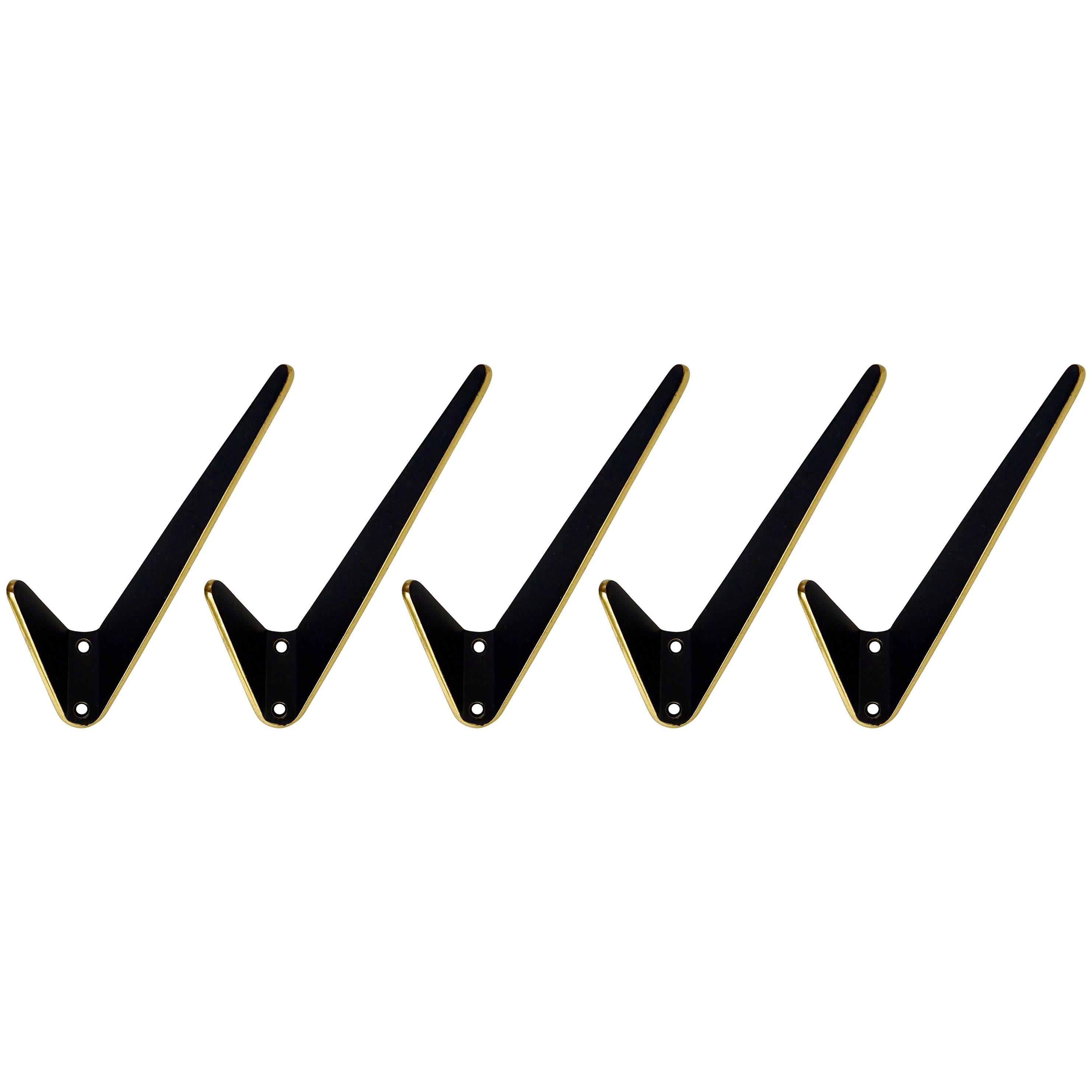Up to Five Asymmetric Midcentury Brass and Black Wall Hooks, Austria, 1950s
