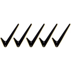 Up to Eight Asymmetrical Midcentury Black Brass Wall Hooks, Austria, 1950s