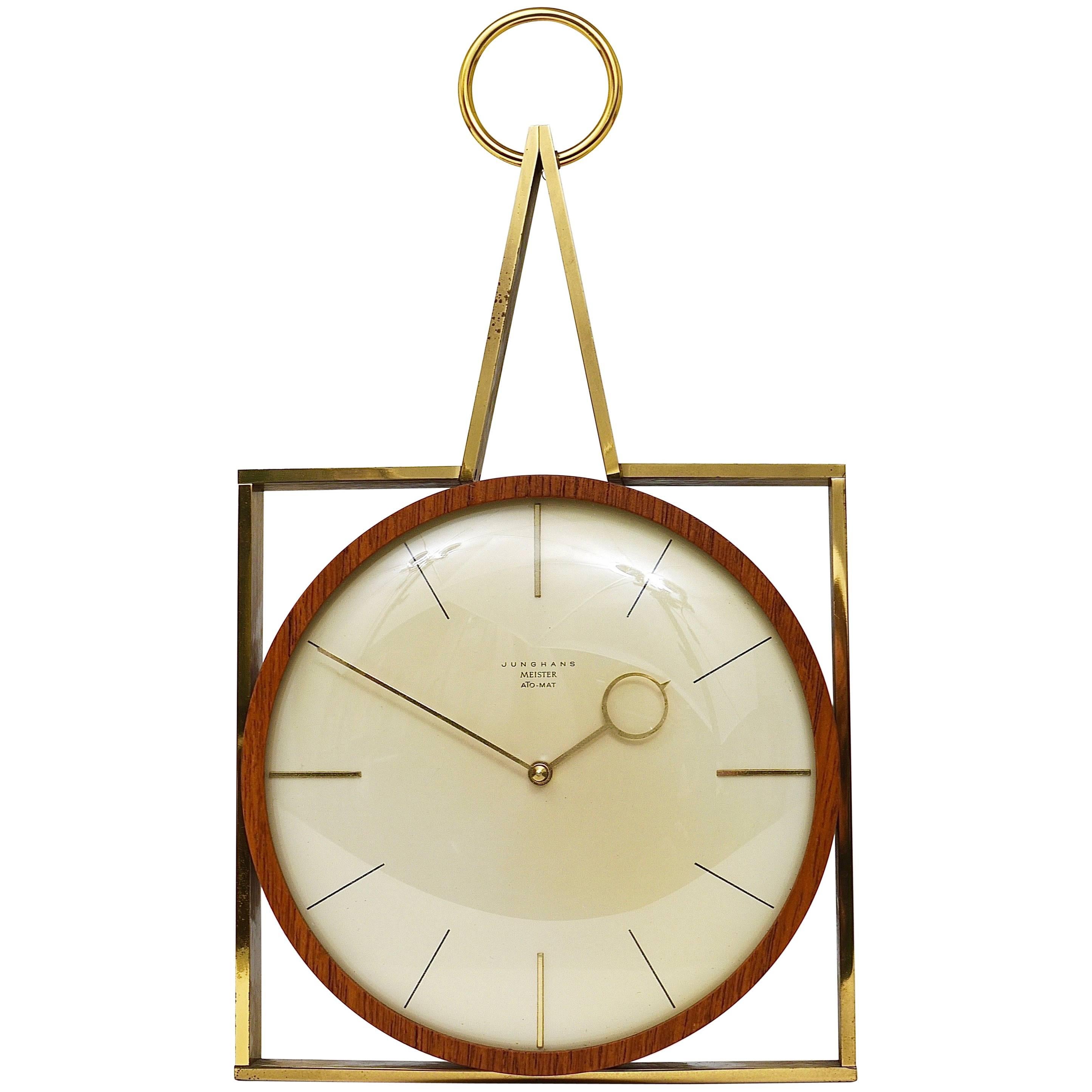 Elegant Mid-Century Junghans Meister Ato-Mat Teak and Brass Wall Clock, Germany