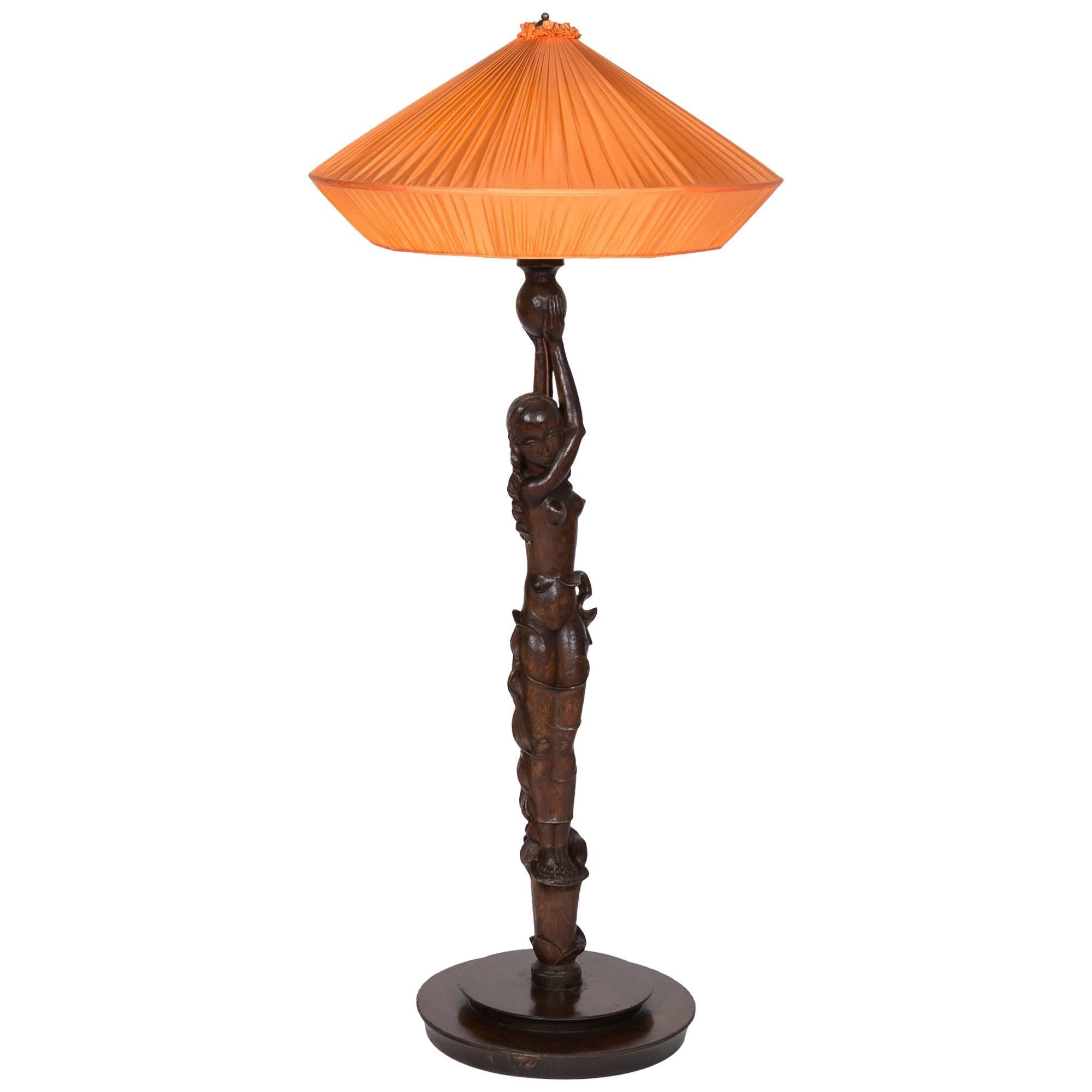 Carved Wood Figural Tall Table or Floor Lamp, German, circa 1920 For Sale