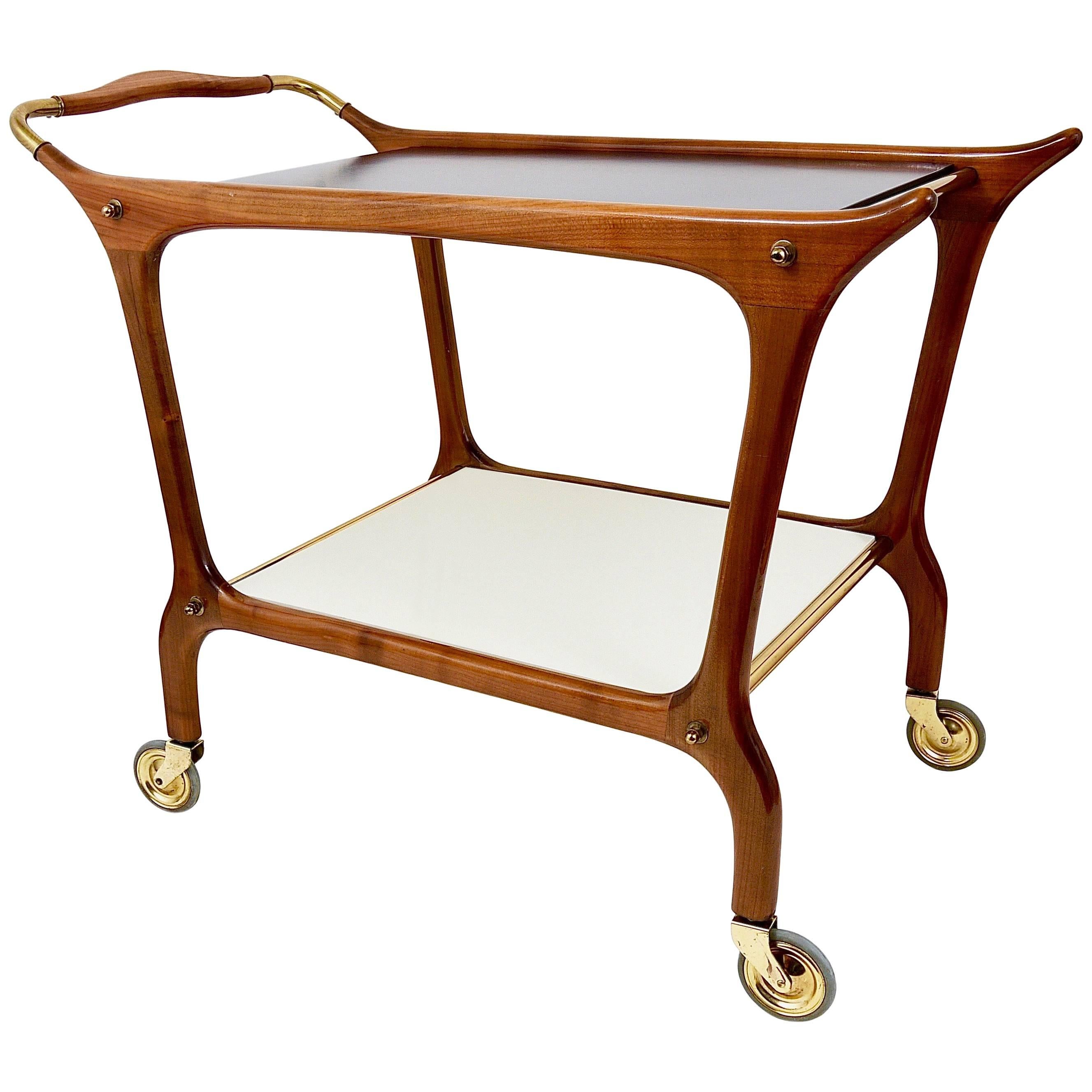 Exceptional Mid-Century Wood and Brass Bar Cart, Attributed Ico Parisi, Italy