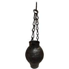 Antique Persian Copper Repousse Oil Lamp with Hanging Hook