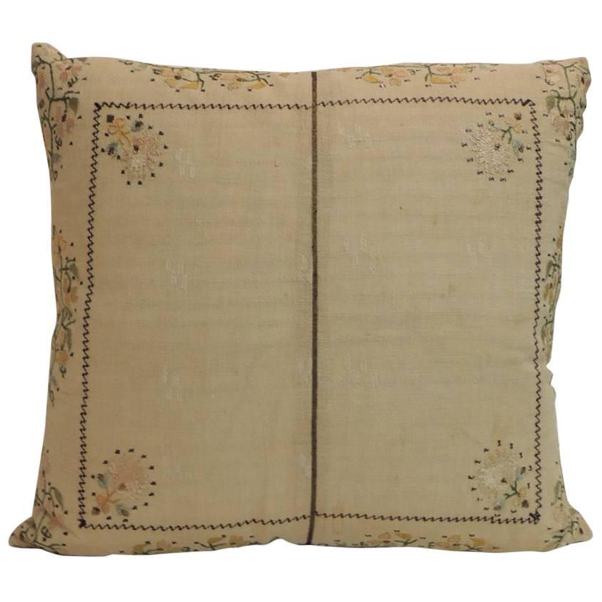 19th Century Turkish Embroidered Linen Square Decorative Pillow